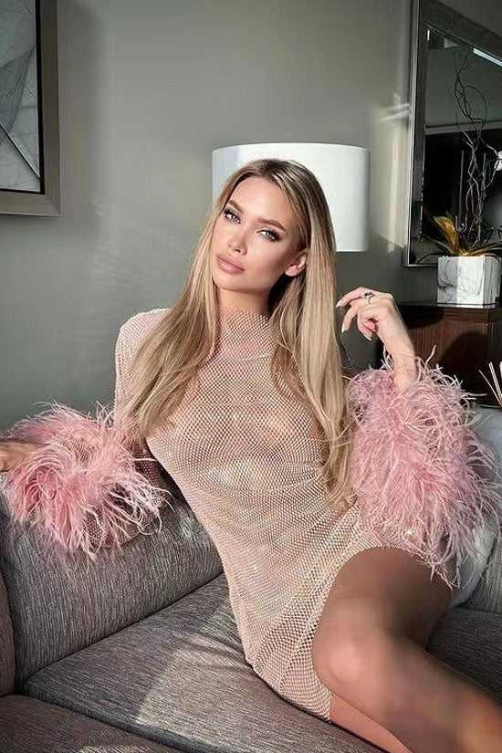 Sparkly Rhinestone Fishnet Feather Sleeve Mini Dress - Pink - View 3