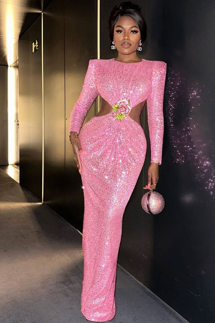 Sequin Round Neck Long Sleeve Cut Out Rosette Ruched Bodycon Maxi Dress