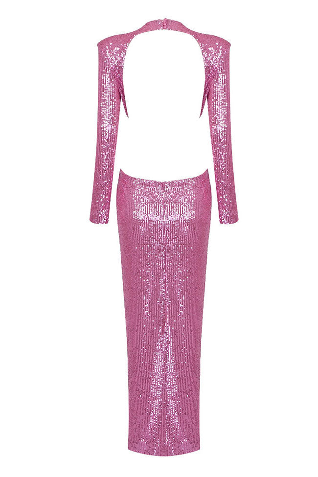 Sequin Round Neck Long Sleeve Cut Out Rosette Ruched Bodycon Maxi Dress