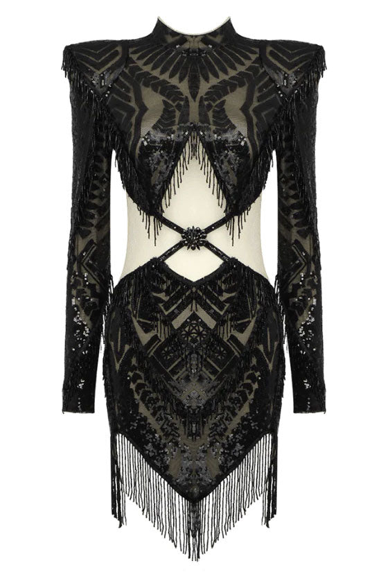 Sequin High Neck Long Sleeve Fringe Cut Out Sheer Mini Party Dress