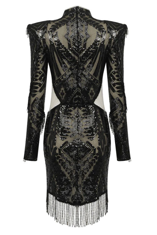 Sequin High Neck Long Sleeve Fringe Cut Out Sheer Mini Party Dress