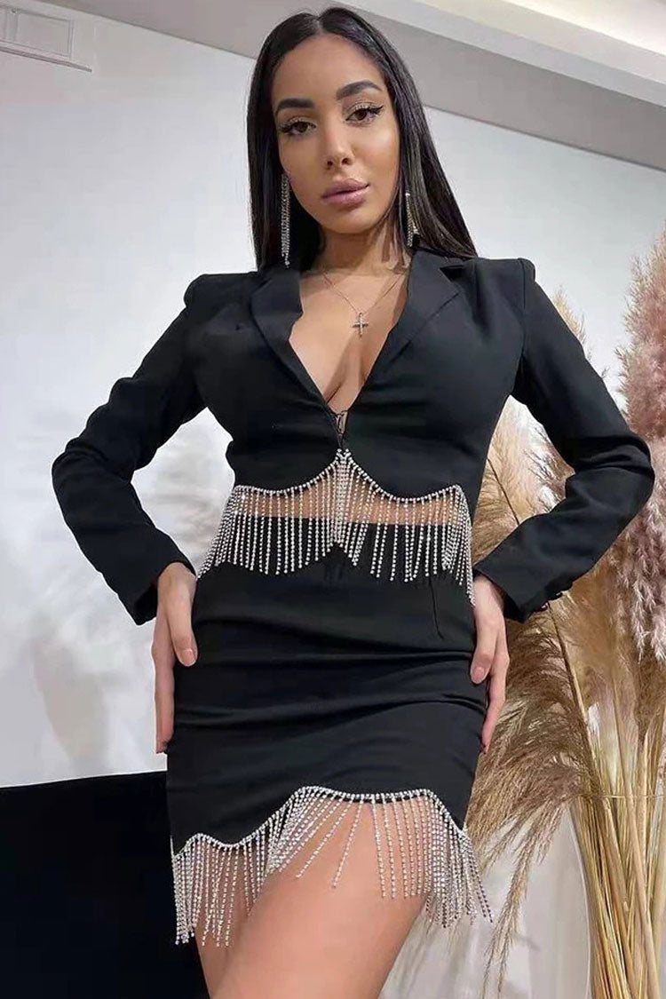 Sparkly Rhinestone Fringe Crop Blazer Mini Dress - Black - View 2