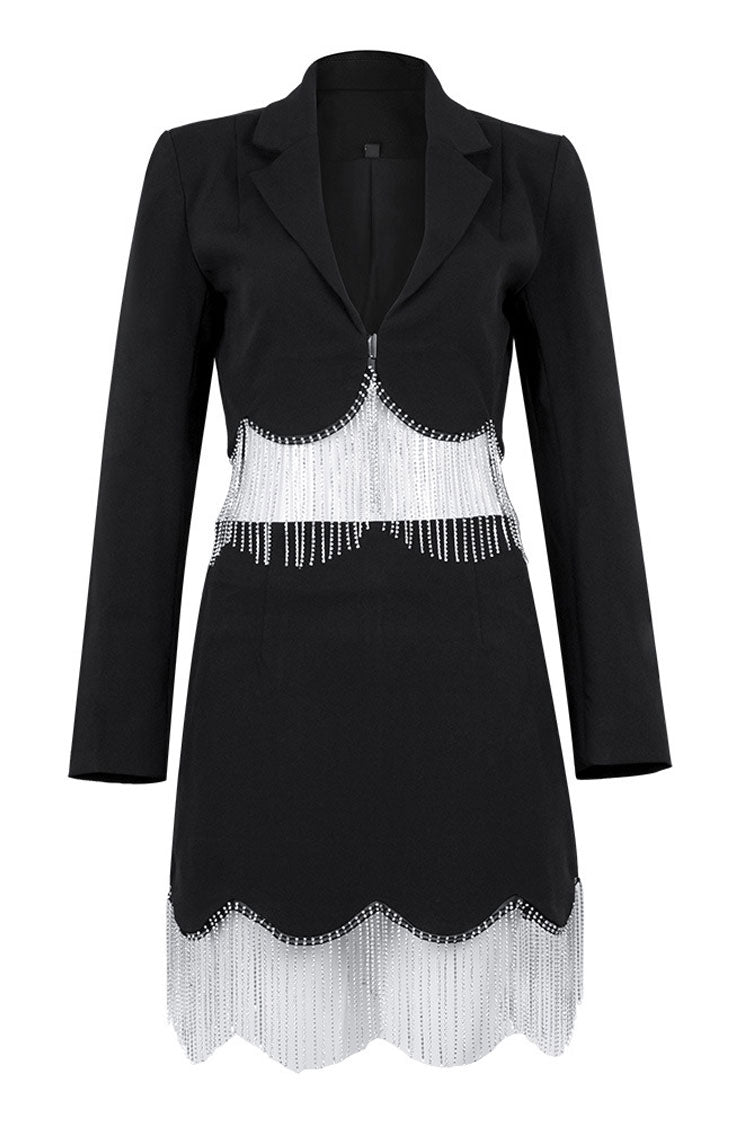 Sparkly Rhinestone Fringe Crop Blazer Mini Dress - Black - View 4