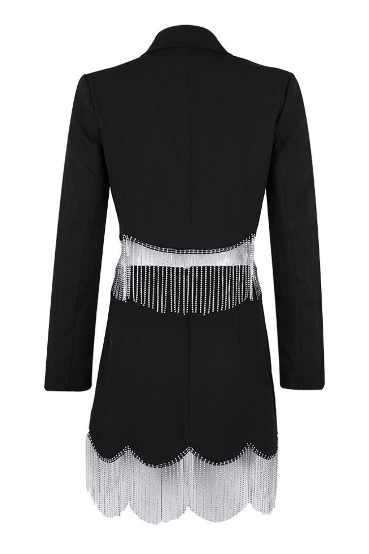 Sparkly Rhinestone Fringe Crop Blazer Mini Dress - Black - View 5