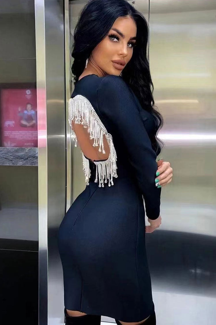 Rhinestone Fringe Long Sleeve Cut Out Back Bodycon Mini Dress