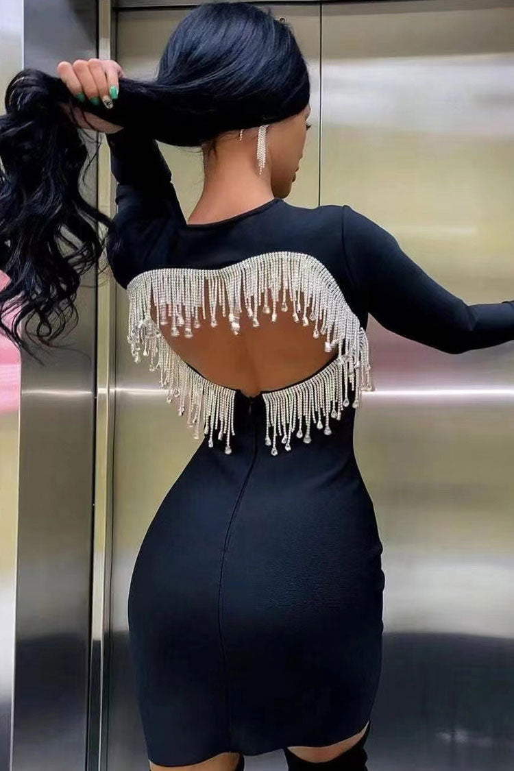 Rhinestone Fringe Long Sleeve Cut Out Back Bodycon Mini Dress