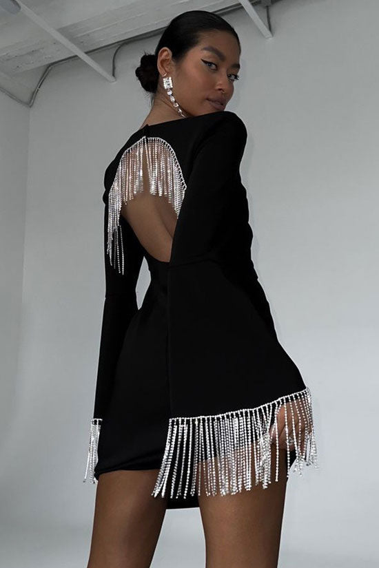 Sparkly Rhinestone Fringe Cutout Square Neck Long Sleeve Party Mini Dress - Black