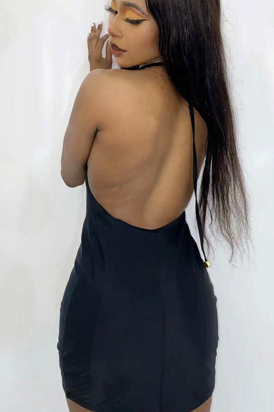 Rhinestone Fringe Deep V-Neck Halter Bodycon Mini Party Dress