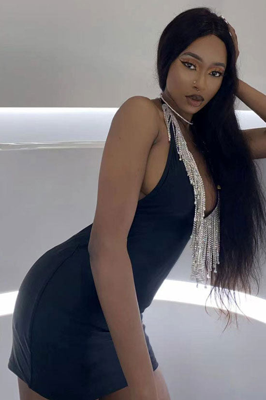 Rhinestone Fringe Deep V-Neck Halter Bodycon Mini Party Dress
