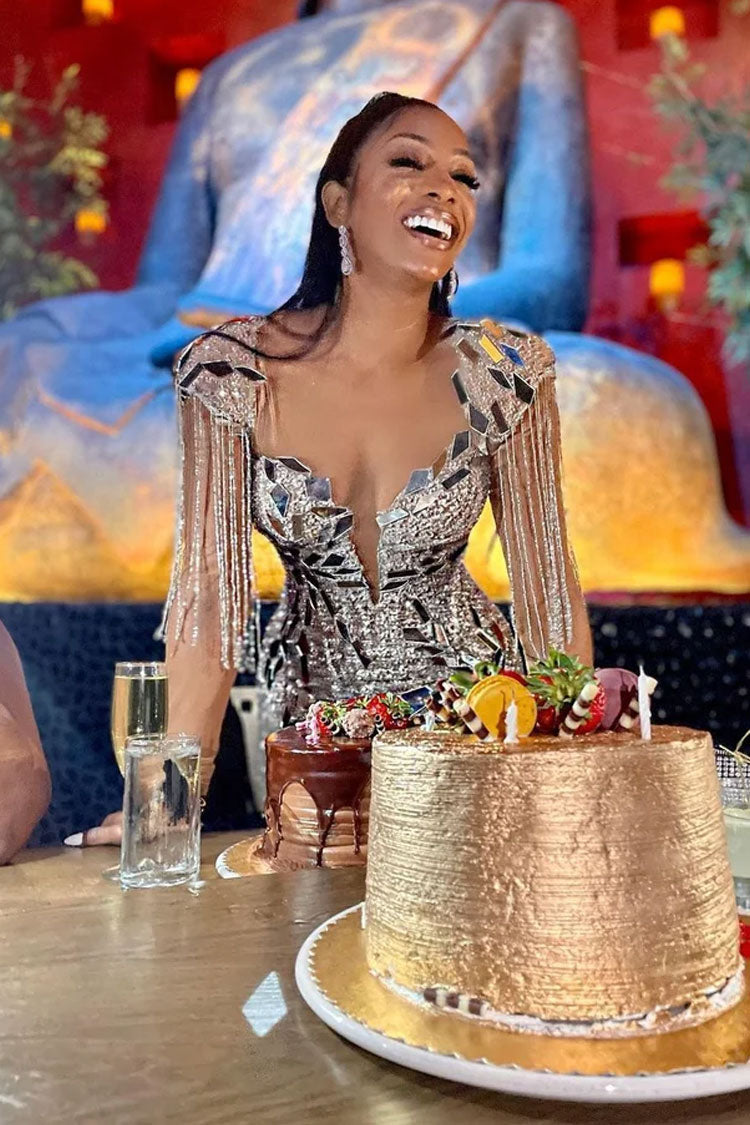 Deep V-Neck Crystal Fringe Sheer Mesh Bodycon Mini Dress