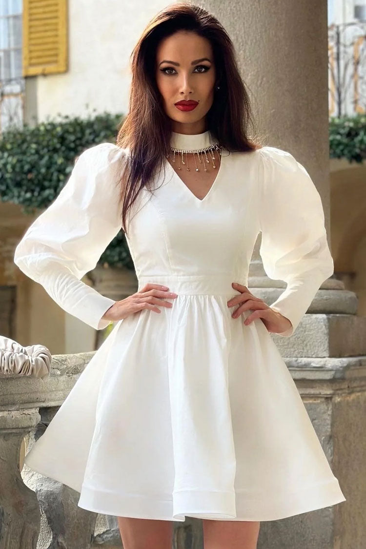 Sparkly Rhinestone Fringe High Neck Fit & Flare Long Sleeve Mini Party Dress - White
