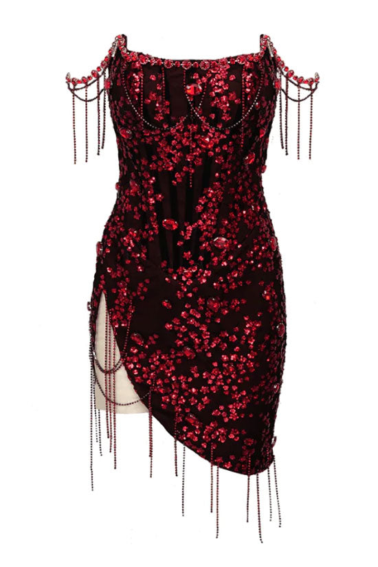 Sequin Square Neck Corset Rhinestone Fringe High Split Mini Party Dress