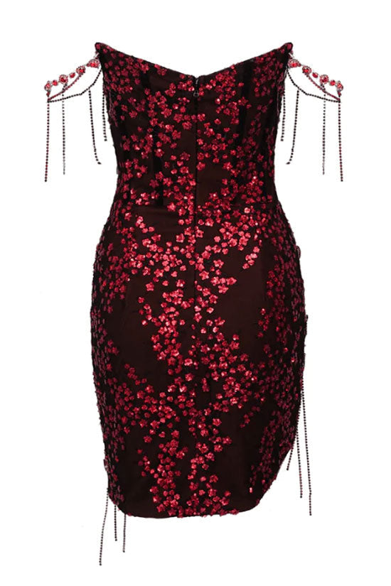 Sequin Square Neck Corset Rhinestone Fringe High Split Mini Party Dress