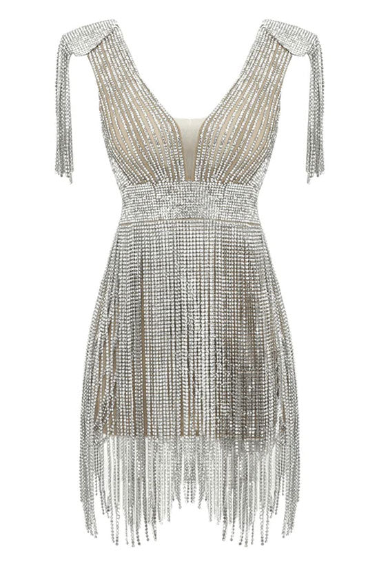 Rhinestone Tassel Fringe Deep V-Neck Sheer Party Mini Dress