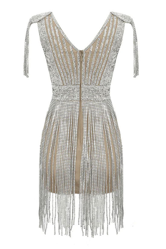 Rhinestone Tassel Fringe Deep V-Neck Sheer Party Mini Dress