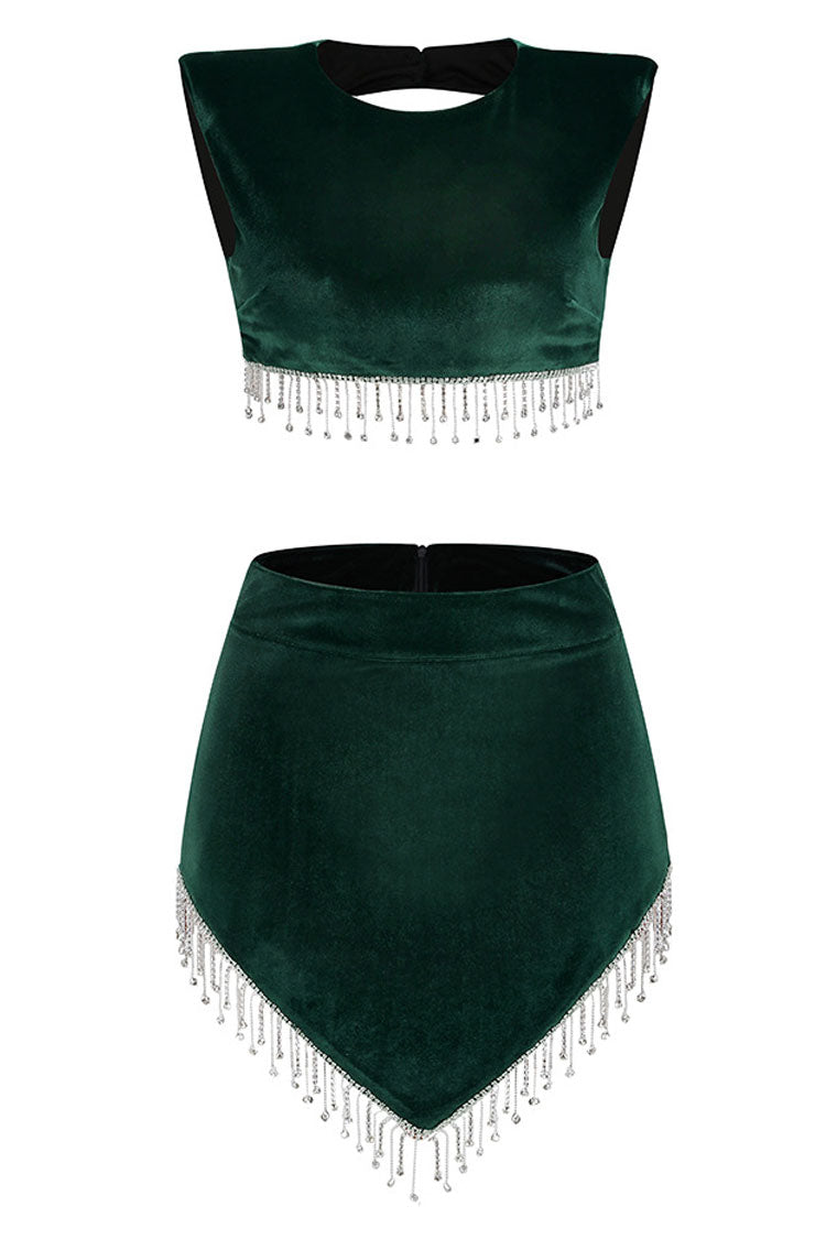 Sparkly Rhinestone Fringe Velvet Two Piece Mini Dress - Emerald Green - View 4
