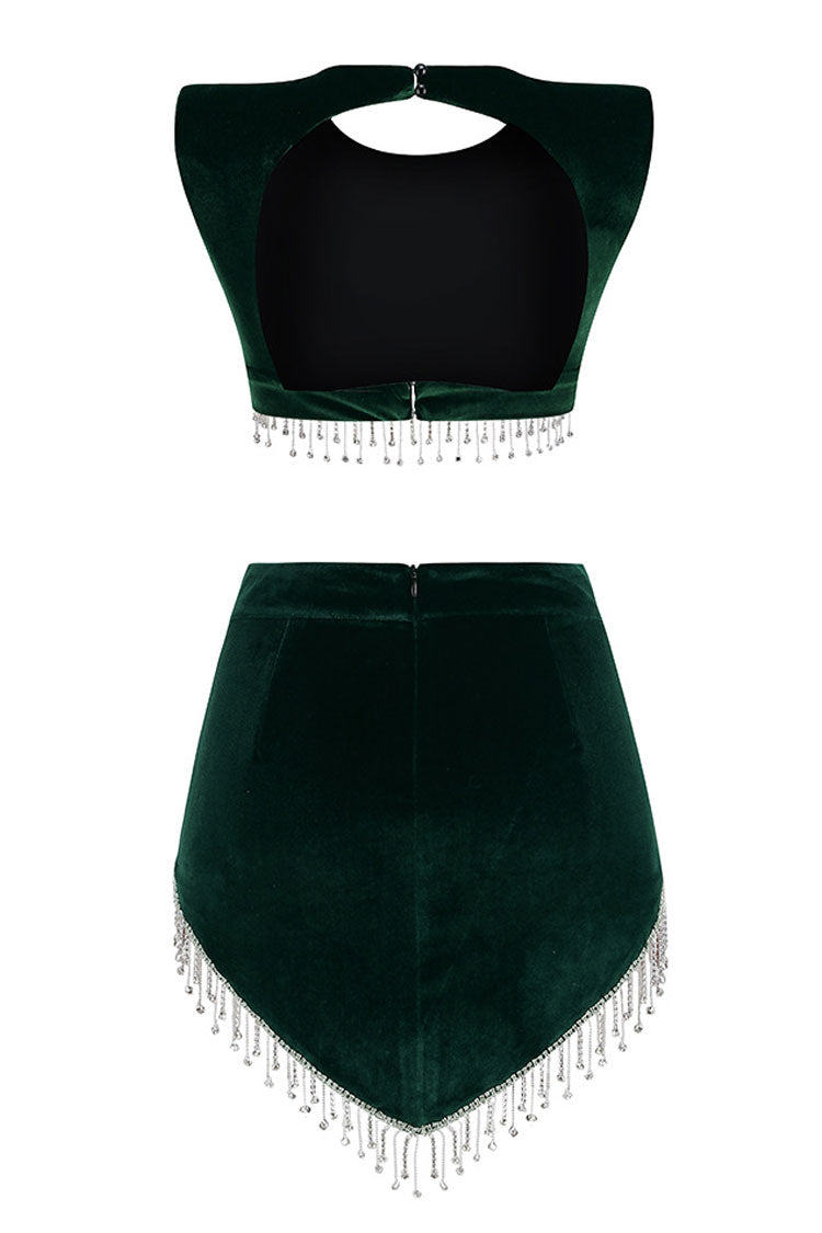 Sparkly Rhinestone Fringe Velvet Two Piece Mini Dress - Emerald Green - View 5