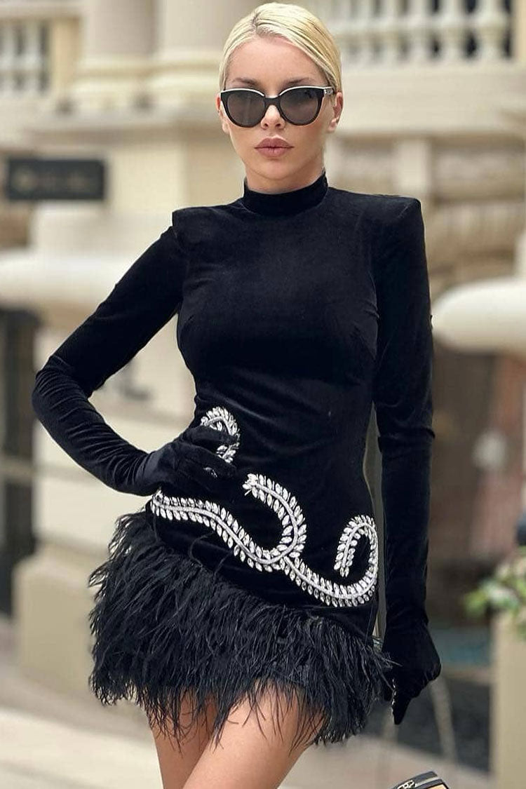 Velvet High Neck Long Sleeve Rhinestone Feather Trim Mini Dress