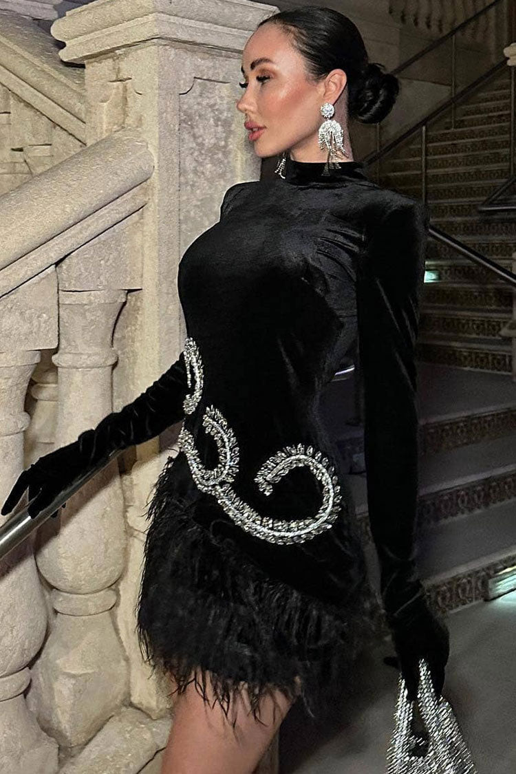 Velvet High Neck Long Sleeve Rhinestone Feather Trim Mini Dress