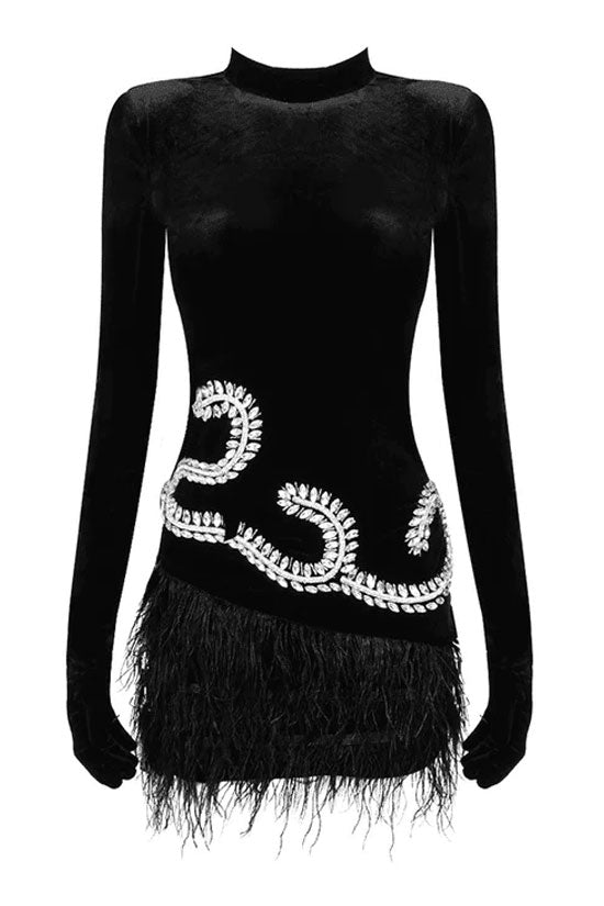 Velvet High Neck Long Sleeve Rhinestone Feather Trim Mini Dress