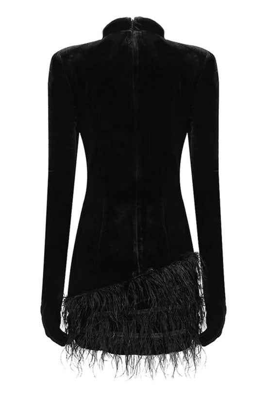Velvet High Neck Long Sleeve Rhinestone Feather Trim Mini Dress