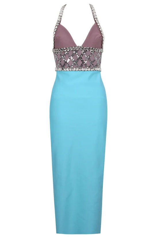 Rhinestone Halter Deep V-Neck Bandage Cocktail Midi Dress