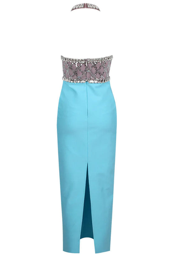 Rhinestone Halter Deep V-Neck Bandage Cocktail Midi Dress