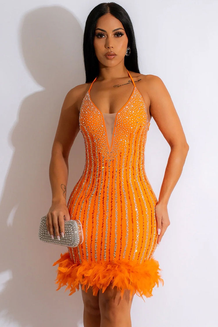 Rhinestone Halter Neck Feather Trim Bodycon Mini Party Dress