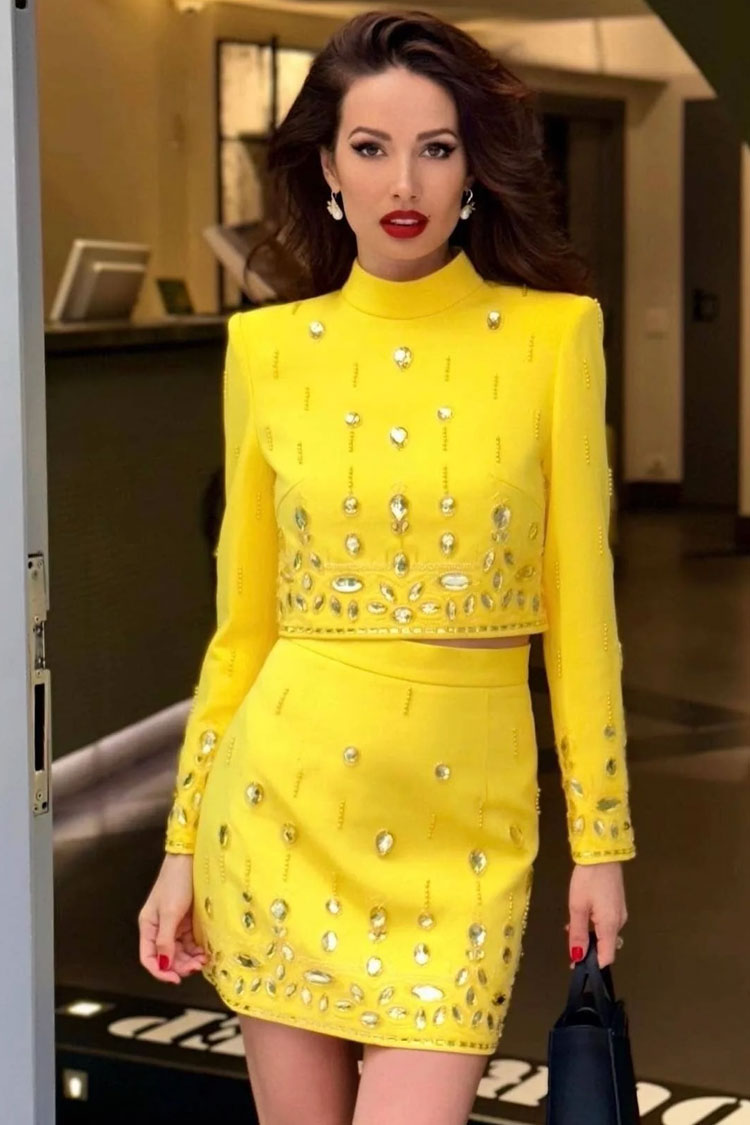 Sparkly Rhinestone High Neck Crop Top High Waist Two Piece Mini Dress - Yellow 5