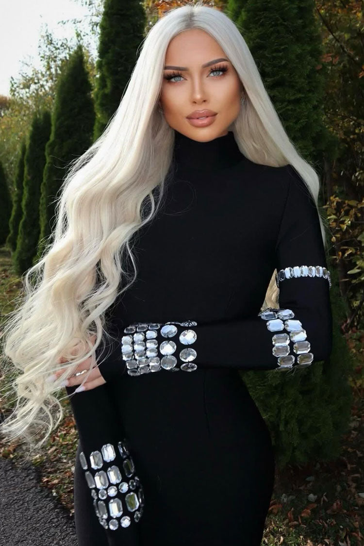 Rhinestone High Neck Long Sleeve Bodycon Knit Midi Dress