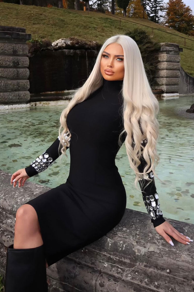 Rhinestone High Neck Long Sleeve Bodycon Knit Midi Dress