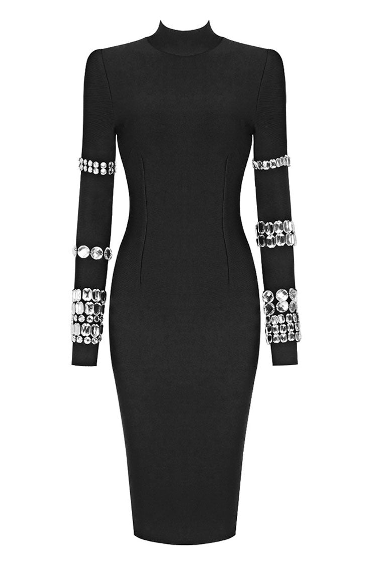 Rhinestone High Neck Long Sleeve Bodycon Knit Midi Dress