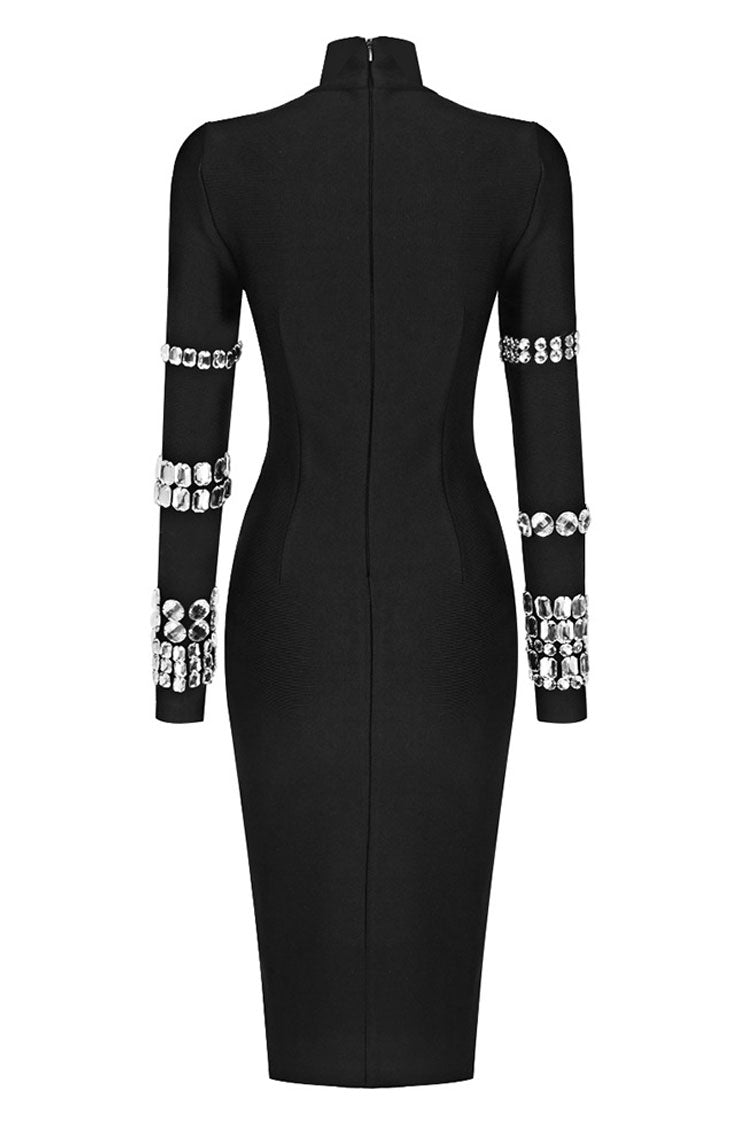 Rhinestone High Neck Long Sleeve Bodycon Knit Midi Dress
