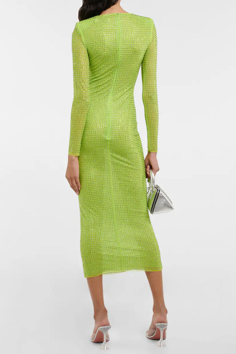 Rhinestone High Neck Long Sleeve Sheer Mesh Bodycon Midi Dress