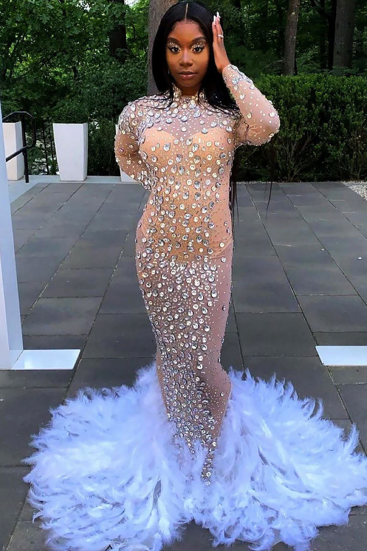 Rhinestone Sheer Mesh High Neck Long Sleeve Feather Hem Mermaid Gown