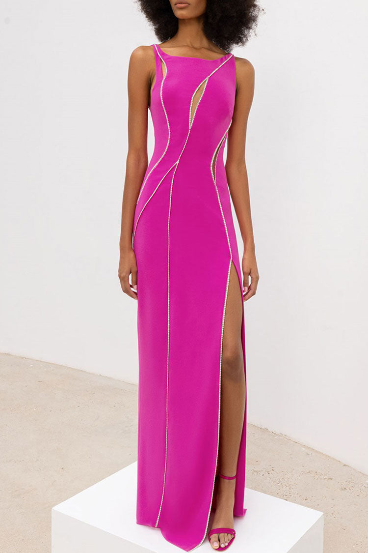 Sleeveless Rhinestone Trim Cut Out High Split Maxi Dress