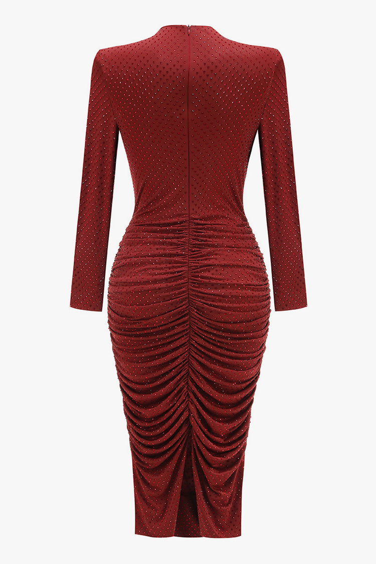 Sparkly Rhinestone Mock Neck Long Sleeve Ruched Cocktail Midi Dress