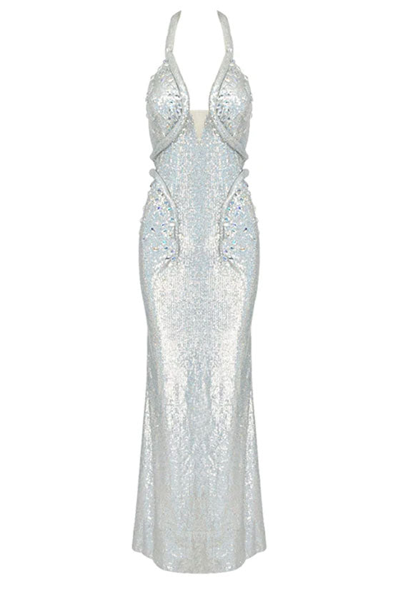 Crystal Embellished Halter Neck Plunge Mermaid Gown