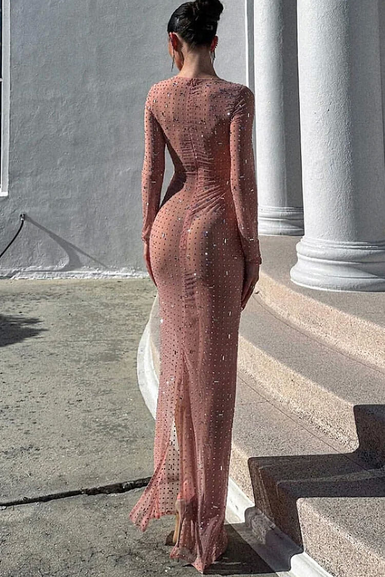 Sparkly Rhinestone Round Neck Long Sleeve Split Sheer Mesh Maxi Dress - Pink 3