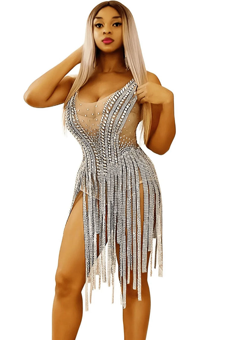 Sparkly Rhinestone Scoop Neck Sheer Mesh Fringe Romper Mini Dress - Silver 2
