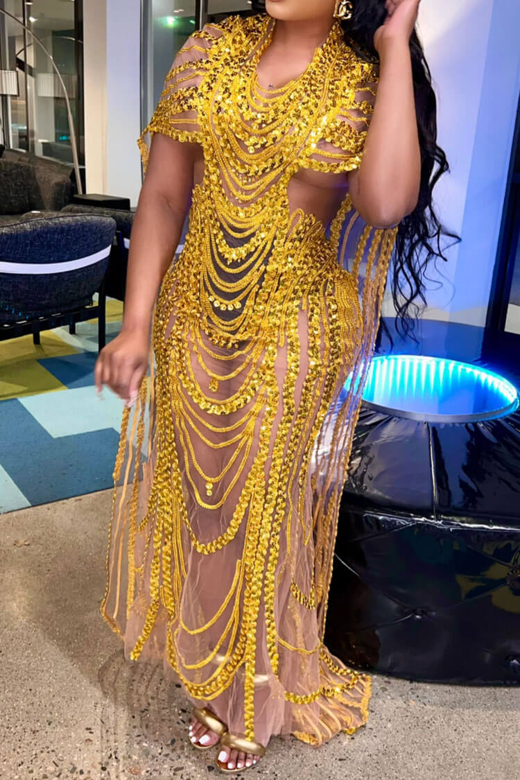 Rhinestone Sheer Mesh Cape Sleeve Cut Out Bodycon Maxi Dress
