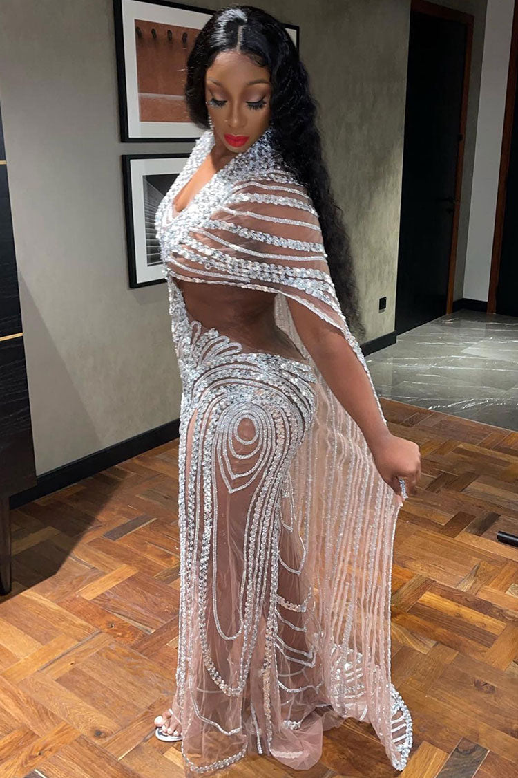 Rhinestone Sheer Mesh Deep V-Neck Cut Out Beaded Maxi Evening Gown