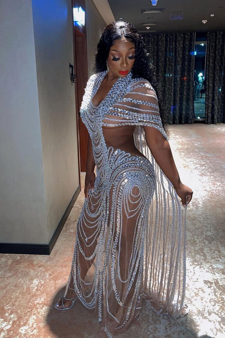 Rhinestone Sheer Mesh Deep V-Neck Cut Out Beaded Maxi Evening Gown
