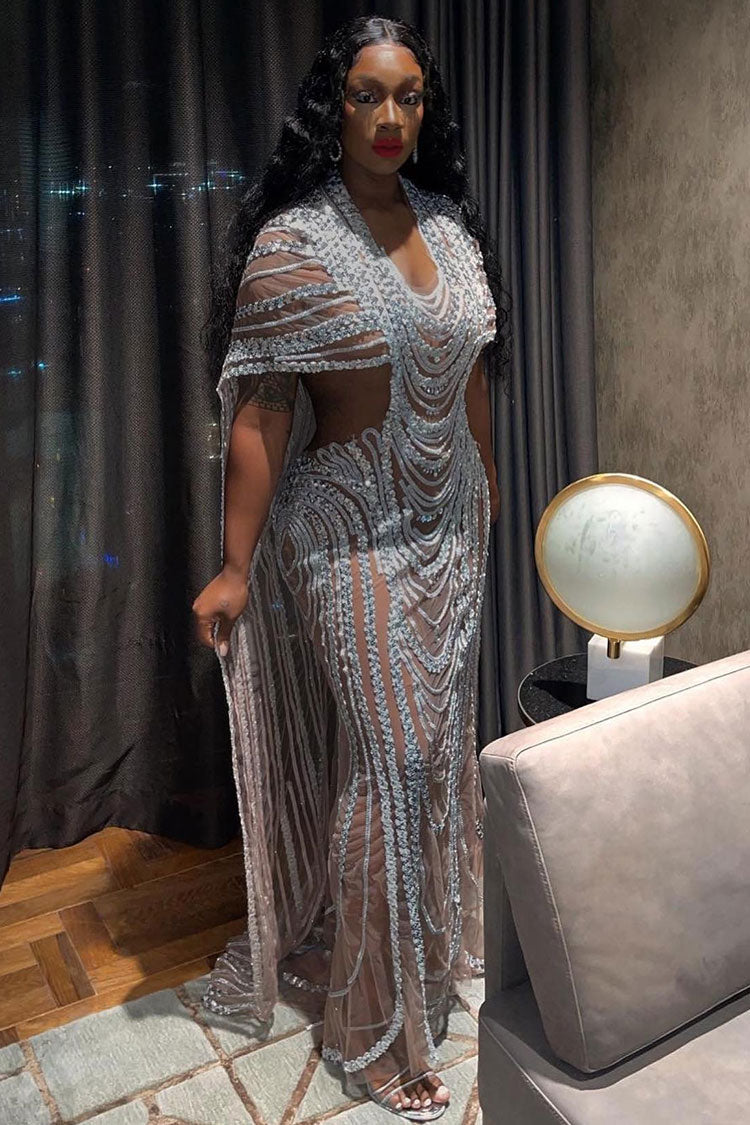 Rhinestone Sheer Mesh Deep V-Neck Cut Out Beaded Maxi Evening Gown