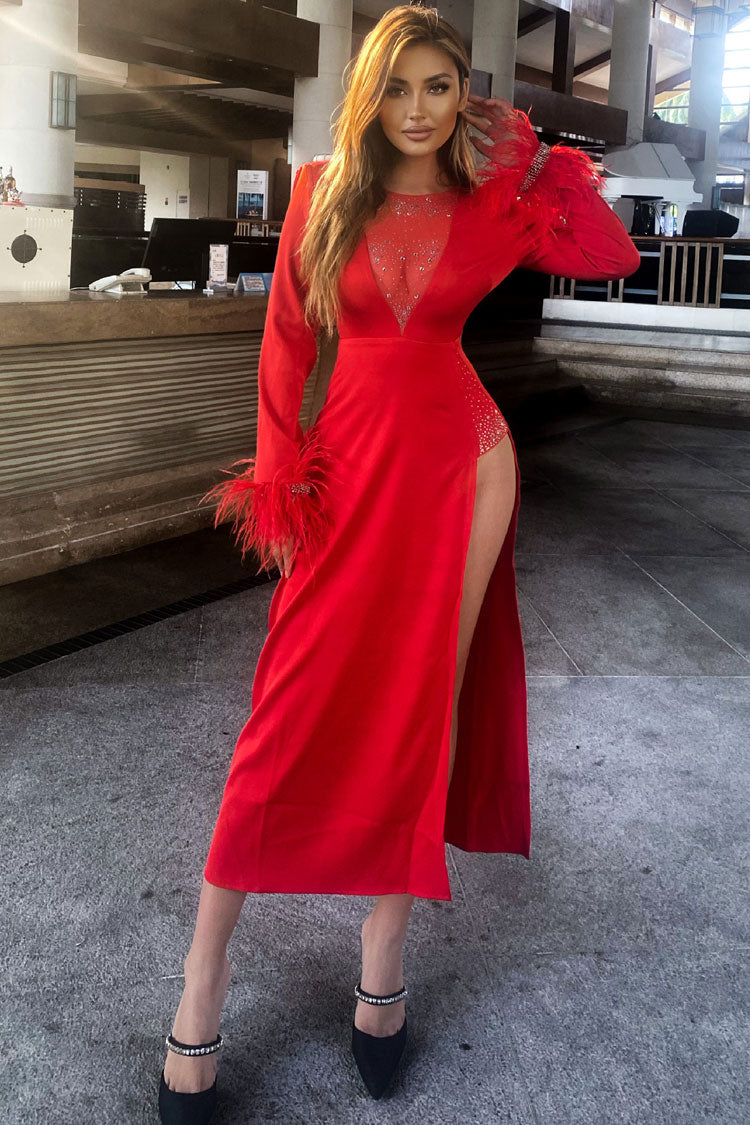 Satin Deep V-Neck Long Sleeve Feather Trim High Split Midi Dress