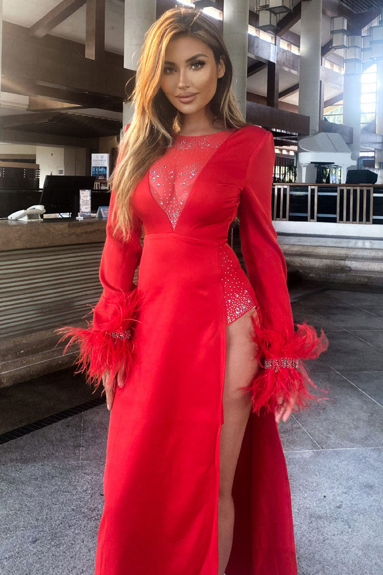 Satin Deep V-Neck Long Sleeve Feather Trim High Split Midi Dress