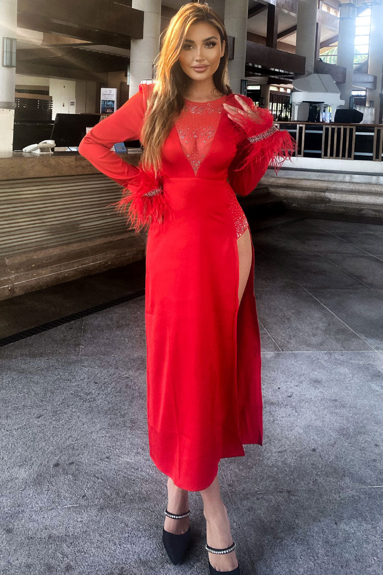 Satin Deep V-Neck Long Sleeve Feather Trim High Split Midi Dress