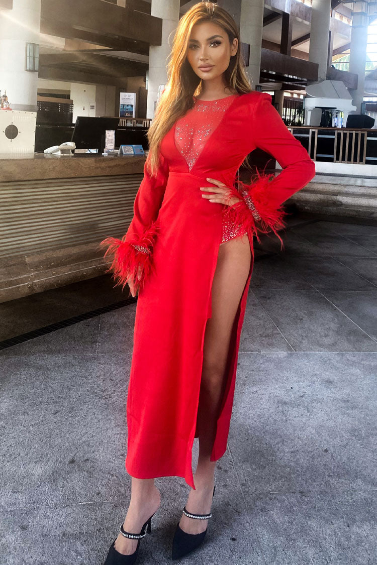 Satin Deep V-Neck Long Sleeve Feather Trim High Split Midi Dress