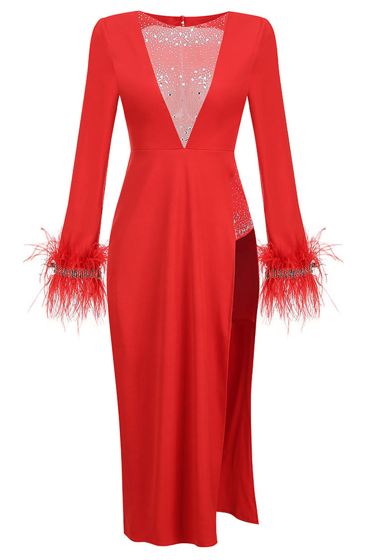 Satin Deep V-Neck Long Sleeve Feather Trim High Split Midi Dress