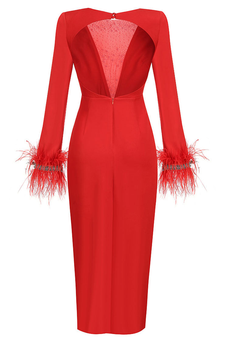 Satin Deep V-Neck Long Sleeve Feather Trim High Split Midi Dress